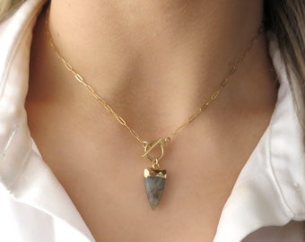Collar de palanca Punta de labradorita de oro, Cadena de clip de collar de labradorita, Collar de cierre de palanca de oro, Cadena de clip delicada llena de oro