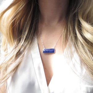 Sapphire Quartz Necklace, Quartz Bar Necklace, Silver Sapphire Necklace, Delicate Silver Necklace,Sterling Silver Chain, Silver Blue