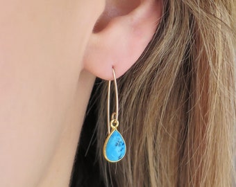 Small Turquoise Earring Dangle, Gold Turquoise Dangle Earring, Teardrop Turquoise Teardrop Earring, Gold Framed Turquoise Jewelry Gold