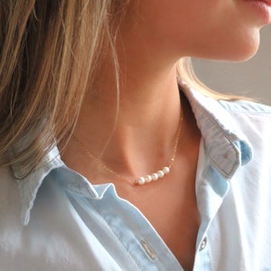 Gold Pearl Necklace, Five Pearl Bar Necklace Gold Filled, Pearl Necklace For Women, Dainty Pearl Jewelry, Pearl Gift, 14k Gold Filled Chain