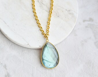 Large Labradorite Pendant, Rainbow Labradorite Necklace, Gold Labradorite Teardrop Pendant, Labradorite Jewelry Gold, 14k Gold Filled Chain