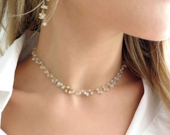 Collar de piedra lunar con cuentas de oro, delicada joyería de piedra lunar, gargantilla de piedra lunar de oro para mujer, regalo sencillo de piedra lunar para mujer