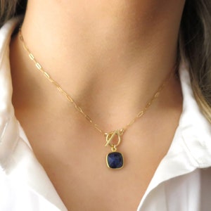 Gold Sapphire Necklace Gold, Gold Paperclip Chain, Gold Toggle Clasp, Toggle Necklace Gold, Dainty Paperclip Necklace Gold, Sapphire Jewelry