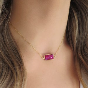 Gold Ruby Necklace Gold, Dainty Ruby Necklace, Ruby Pendant, Gold Framed Ruby Jewelry, Bar Chain Necklace, Ruby Red Necklace, Raw Ruby