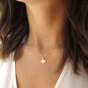 May include: A gold necklace with a small pendant shaped like the state of Texas. The pendant is engraved with the word "Texas".