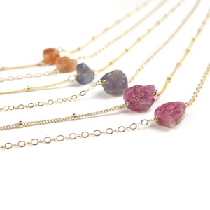 Rough Gemstone Necklace, Raw Gemstone Pendant, Suspended Rough Stone, Tiny Raw Gemstone, Raw Ruby Necklace, Raw Citrine Necklace,