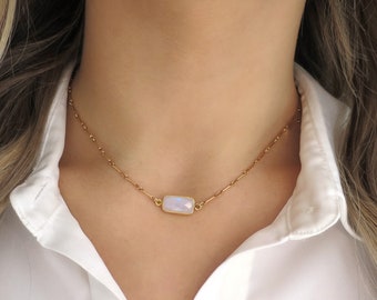 Gold Moonstone Necklace Choker, Rainbow Moonstone Choker Gold, Necklace Moonstone Rectangle, Dainty Moonstone, Simple Moonstone Gift