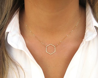 Gold Hexagon Necklace, Gold Honeycomb Necklace, Gold Geometric Necklace, Dainty Gold Necklace, Delicate Gold Filled Chain, 14k Gold
