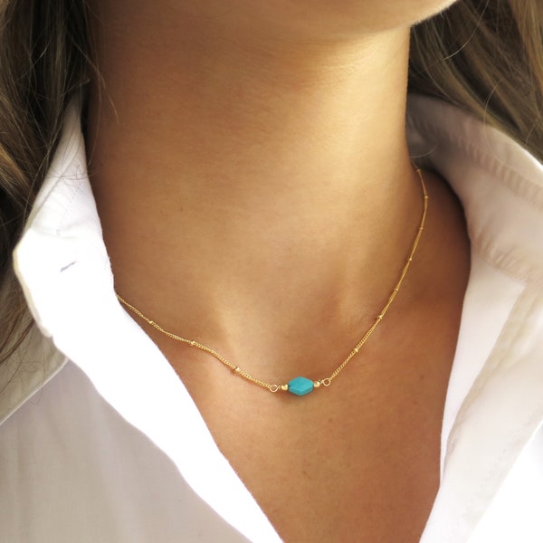 Dainty Turquoise Necklace, Tiny Turquoise Pendant, Small Turquoise Jewelry for Her, Gift for Her, Satellite Chain, Turquoise Choker
