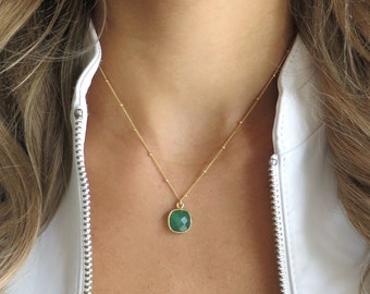Gold Emerald Necklace for Women, Dainty Emerald Pendant, Square Emerald Jewelry, Cushion Emerald, Simple Emerald Gift, May Birthstone