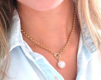 Toggle Necklace Gold Moonstone, Moonstone Necklace Toggle Clasp Gold, Chunky Necklace, Thick Gold Chain Gold Filled 14k