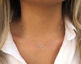 Dainty Gold Heart Necklace Gold, Open Heart Pendant, Necklace Gold Heart, Hammered Gold Heart, Gold Filled Heart Jewelry, Heart Gift