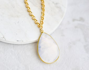 Large Moonstone Pendant, Rainbow Moonstone Necklace, Gold Moonstone Teardrop Pendant, Moonstone Jewelry Gold, 14k Gold Filled Chain