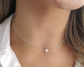 Collar de perlas flotantes, colgante de perlas solitarios, collar de perlas blancas, joyas de perlas individuales para mujeres, perlas de plata, perlas pequeñas