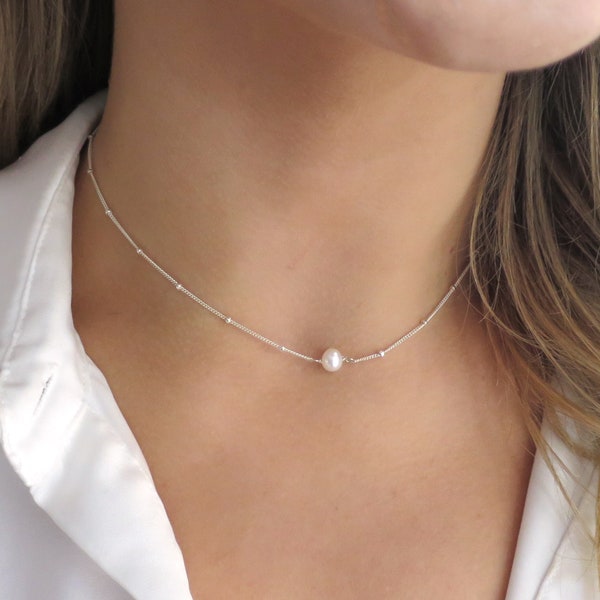 Floating Pearl Necklace, Solitaire Pearl Pendant, White Pearl Necklace, Single Pearl Jewelry for Women, Silver Pearl, Small Pearl