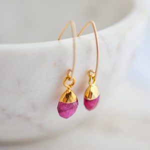 Gold Ruby Earrings Dangle, Ruby Earrings Gold, Dainty Ruby Jewelry, Ruby Teardrop Dangle, Raw Ruby Gift for Women, Ruby Birthstone Jewelry