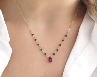 Gold Garnet Necklace Gold, Tiny Garnet Pendant Gold, Teardrop Garnet Jewelry, Garnet and Sapphire Necklace, Sapphire Chain Necklace