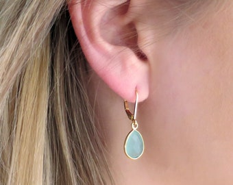 Aqua Chalcedon Ohrringe Gold, Ohrringe Blau Träne Blau, Türkis Ohrringe Zierlich, Baumeln Ohrringe, Edelstein Ohrringe, Something Blue Ohrring