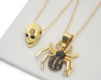 Skull Necklace, Spider Necklace, Halloween Necklace, Halloween Jewelry, Skull Jewelry, Spider Jewelry, Black Spider, Gold Skull, Gold Chain