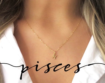 Delicado collar de Piscis, joyas de oro de Piscis, colgante pequeño de Piscis, collar del zodiaco de Piscis, regalo de Piscis para ella, Piscis astrológico