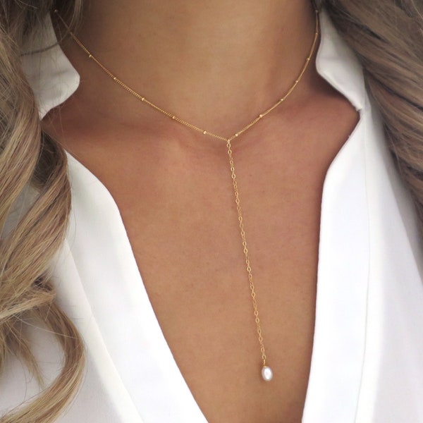 Y Necklace Gold Pearl, Pearl Y Necklace, Gold Lariat Necklace Pearl, 14k Gold Y Necklace, Gold Filled Y Necklace, Dainty Gold Chain Necklace