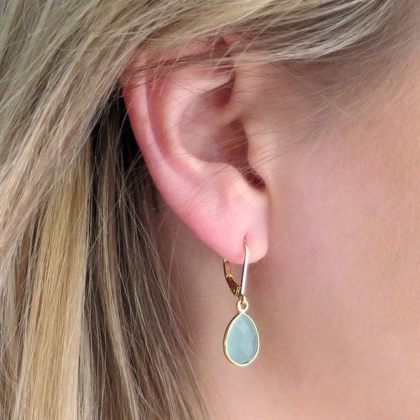 Aqua Chalcedony Earrings Gold, Blue Teardrop Earrings Blue, Teal Earrings Dainty, Dangle Earrings, Gemstone Earrings, Something Blue Earring