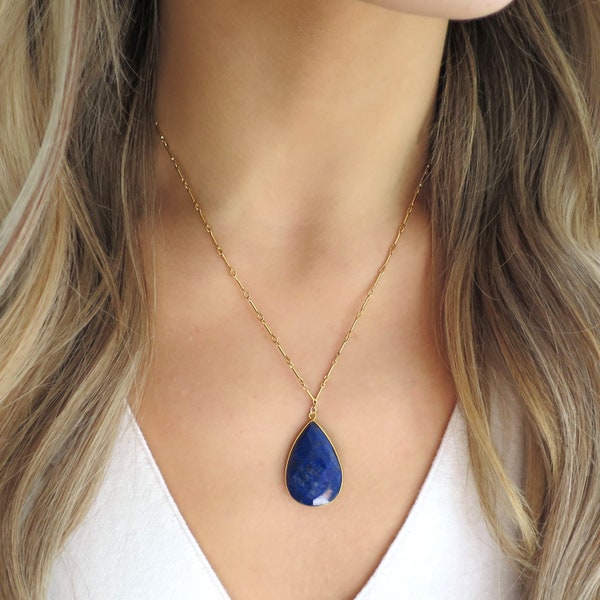 Large Lapis Pendant, Lapis Necklace, Lapis Teardrop Pendant, Lapis Jewelry, 14k Gold Filled Chain, Dainty Necklace, Sapphire Necklace