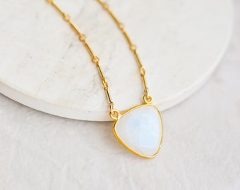 Rainbow Moonstone Necklace, Dainty Moonstone Pendant, Gold Moonstone Jewelry, Gold Bar Chain, Simple Moonstone Gift for Women