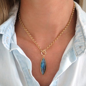 Gouden labradoriet ketting knevel, dikke gouden ketting, grote labradoriet hanger, knevelketting, knevelsluiting ketting choker