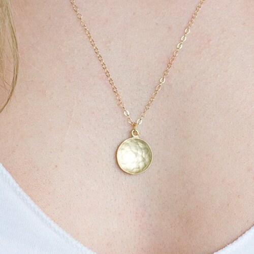 Hammered Gold Pendant Gold Coin Necklace Delicate Gold Etsy