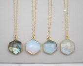 Hexagon Necklace, Hexagon Gemstone Necklace, Labradorite Hexagon, Opalite Hexagon, Aquamarine Hexagon, Moonstone Hexagon, Hexagon Pendant