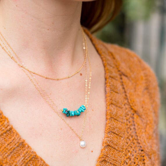 Gold Pearl + Turquoise Layer Necklace