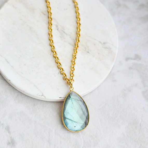 Large Labradorite Pendant, Rainbow Labradorite Necklace, Gold Labradorite Teardrop Pendant, Labradorite Jewelry Gold, 14k Gold Filled Chain