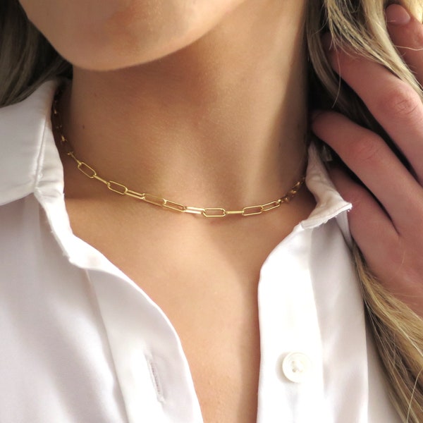 Gold Paperclip Chain Necklace, Large Paperclip Necklace Gold, Dainty Paperclip Necklace, Paperclip Choker Necklace