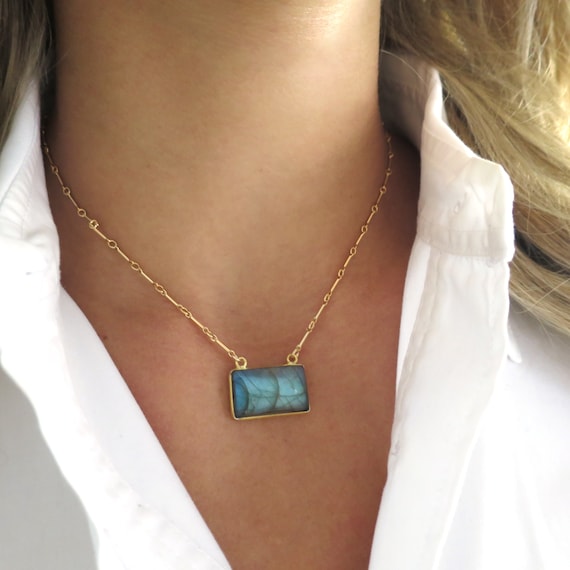 Gold Labradorite Rectangle Necklace on Bar Chain