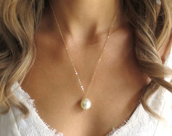 Large Pearl Necklace, Gold Pearl Pendant, Solitaire Pearl, Single Pearl Jewelry, Dainty Pearl Necklace for Women, June Birthstone Necklace