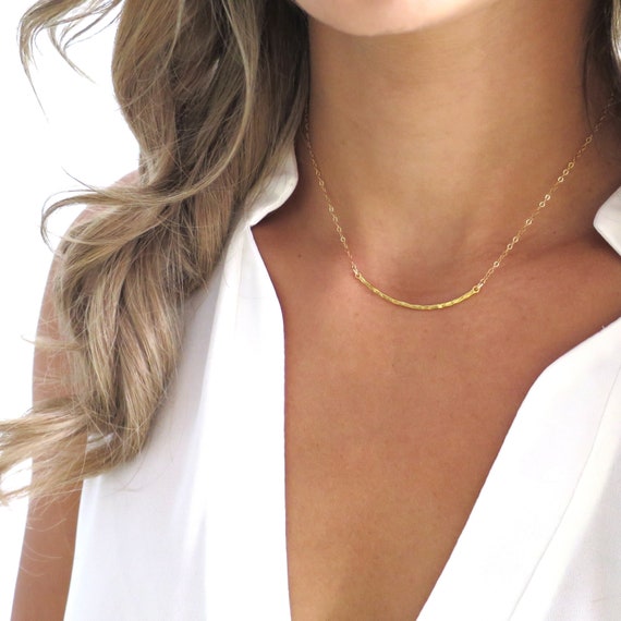 Hammered Gold Bar Necklace Thin Gold 