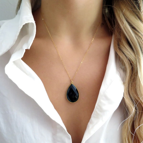 Gold Onyx Necklace Gold, Large Onyx Pendant Gold, Dainty Onyx Jewelry Gold, Onyx Teardrop, Gold Framed Onyx, Onyx Gold Filled Chain