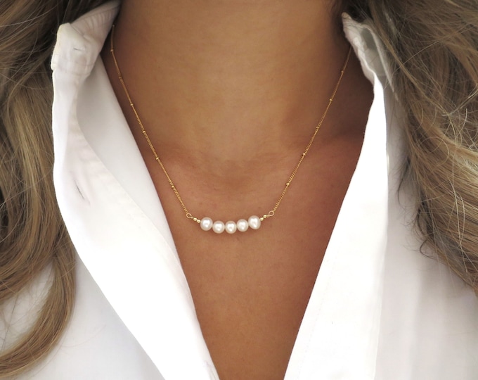 Gold Pearl Necklace, Five Pearl Bar Necklace Gold Filled, Pearl Necklace for Women, Dainty Pearl ...