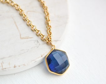 London Blue Topaz Necklace, Hexagon Pendant, Dark Blue Necklace, Blue Gemstone Necklace, Gold Hexagon, Necklace Toggle Clasp Gold