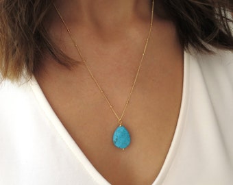 Gold Turquoise Necklace, Dainty Turquoise Pendant, Large Turquoise Necklace for Her, Gift for Her, December Birthstone, Simple Turquoise