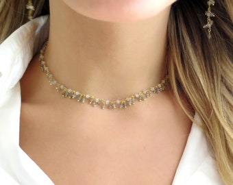 Collar de labradorita con cuentas de oro, delicada joyería de labradorita, gargantilla de labradorita dorada para mujer, regalo sencillo de labradorita para mujer