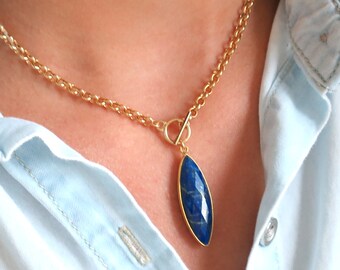 Gold Lapis Necklace Toggle, Dainty Lapis Lazuli Necklace, Framed Lapis Pendant, Blue Lapis Lazuli Pendant, Large Lapis Pendant, Lapis Gift