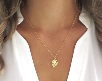 Gold Monstera Leaf Necklace, Palm Leaf Necklace, Foliage Necklace, Palm Necklace, Tropical Leaf Necklace, Vacation Necklace, Beach Necklace