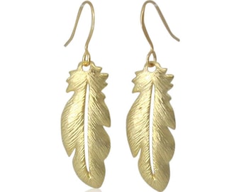 Gold Feather Earrings, Feather Jewelry, Feather Dangle Earrings, Gold Earrings, Dangle Earrings, Boho Earrings, Festival Earrings