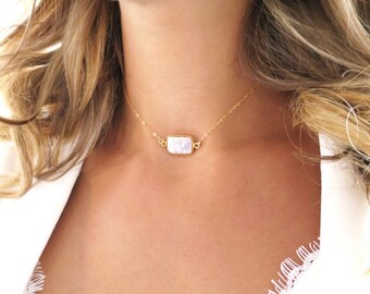 Collier Choker en perles d’eau douce, chaîne remplie d’or 14 carats, collier de chaîne en barre d’or, collier de perles, choker à chaîne de barres, perle choker
