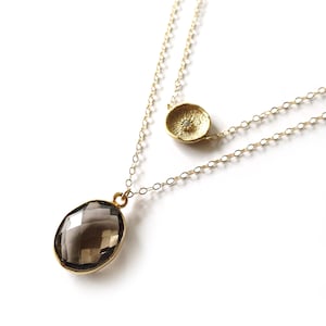 Smoky Topaz Necklace, Gold Layer Necklace, Gemstone Layer Necklace, Gold Coin Pendant, 14k Gold Filled, Gemstone Jewelry, Brown Gemstone