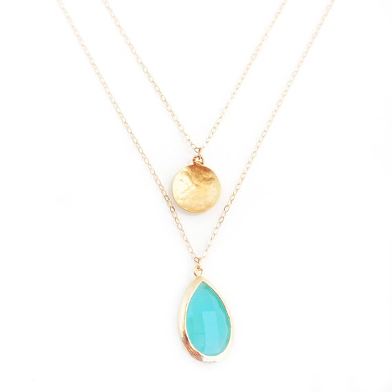 Gold Coin + Turquoise Glass Layer Necklace