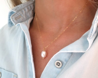 Single Pearl Necklace White, White Pearl Pendant, Freshwater Pearl Jewelry, Pearl Necklace White, Sliding Pearl, Solitaire Pearl Simple