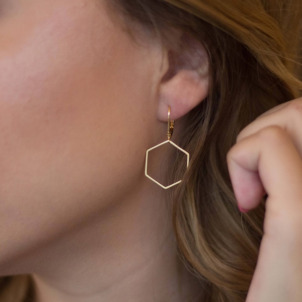 Gold Hexagon Earrings, Hexagon Earrings Hoop, Thin Hexagon, Gold Geometric Earrings, Thin Gold Earrings, Dainty Earrings, Landon Lacey